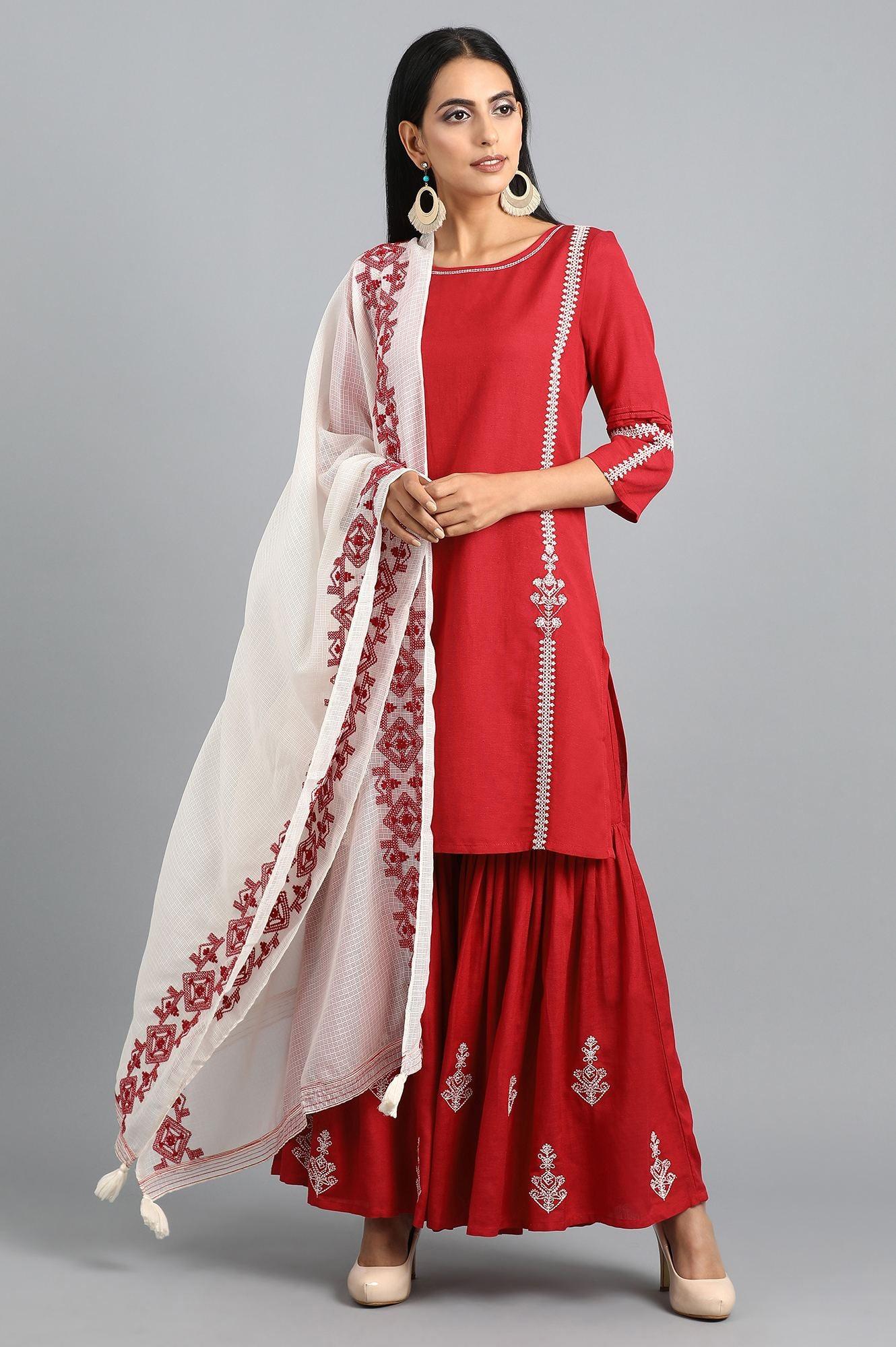 Red Round Neck Solid kurta Set - wforwoman