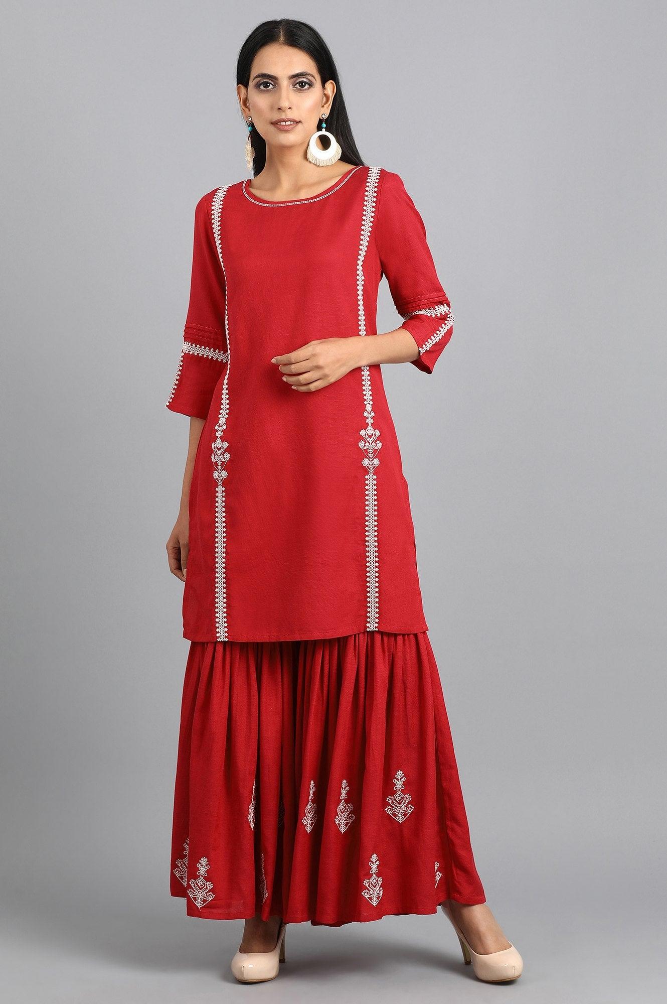 Red Round Neck Solid kurta Set - wforwoman