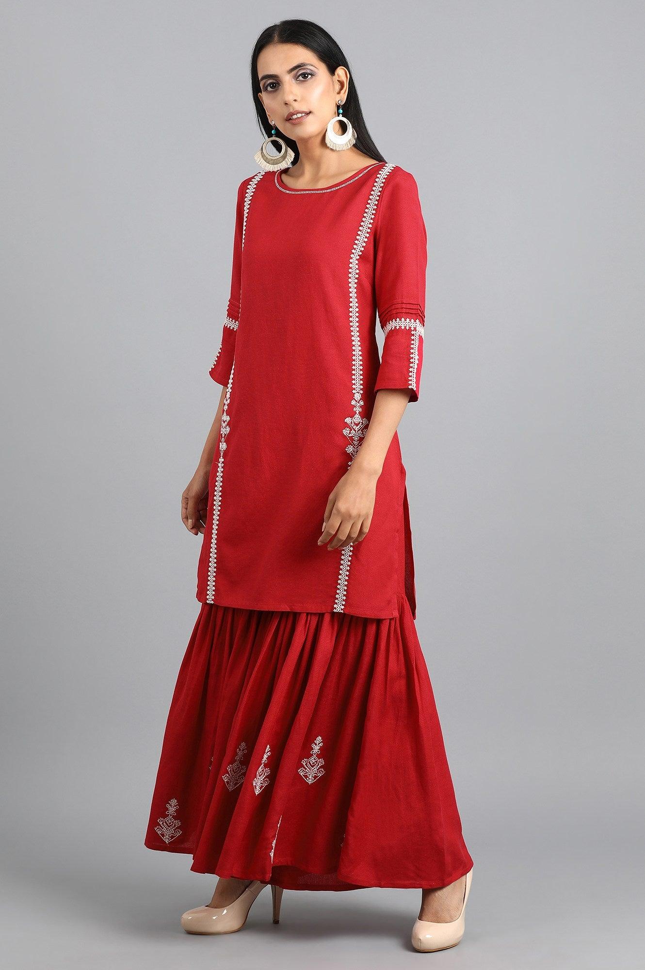 Red Round Neck Solid kurta Set - wforwoman