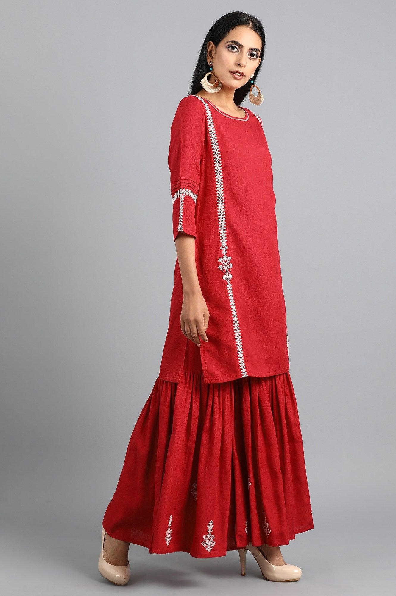 Red Round Neck Solid kurta Set - wforwoman