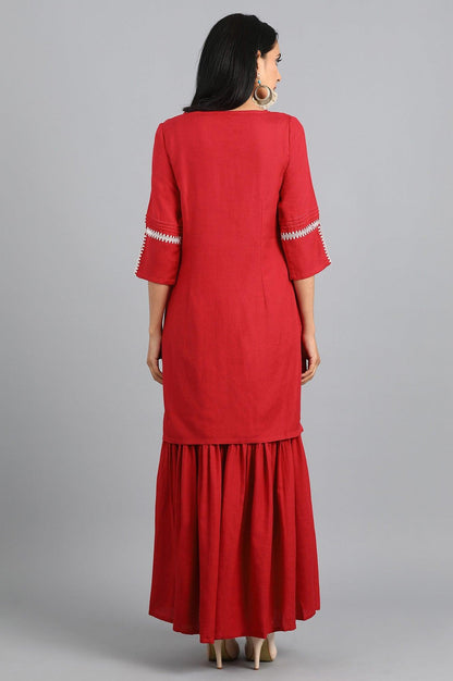 Red Round Neck Solid kurta Set - wforwoman