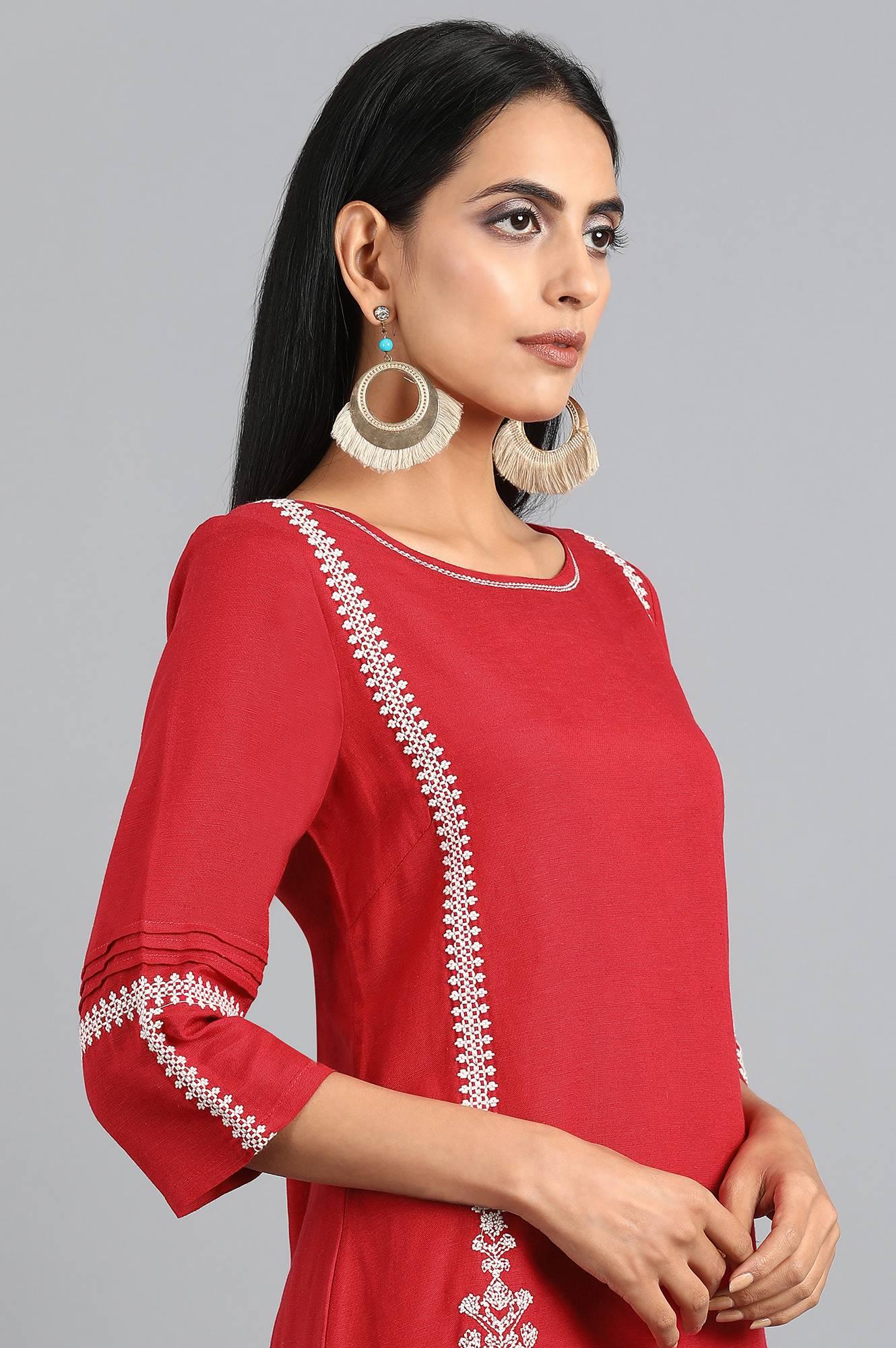 Red Round Neck Solid kurta Set - wforwoman