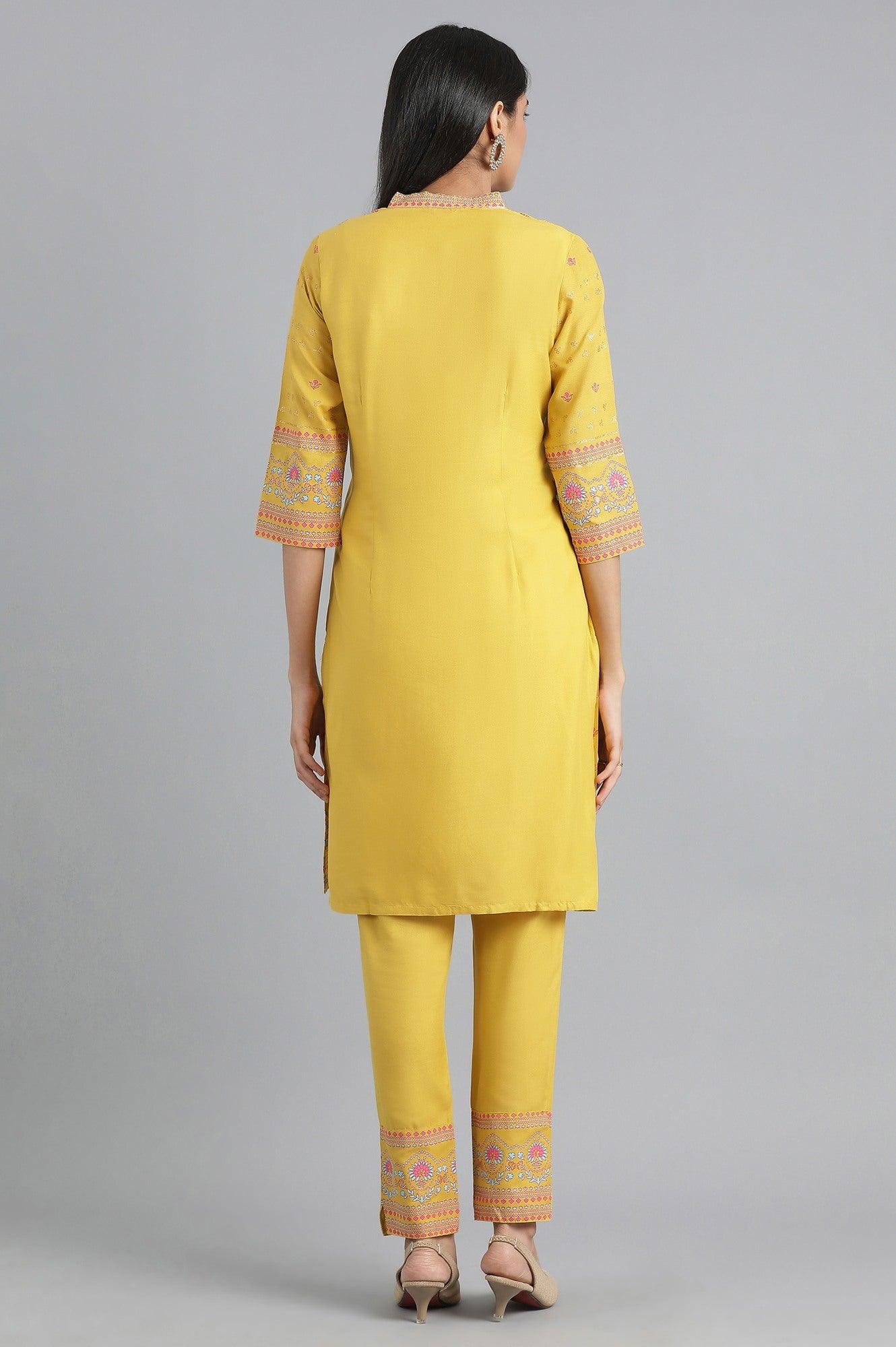 Yellow Mandarin Neck Suit Set - wforwoman