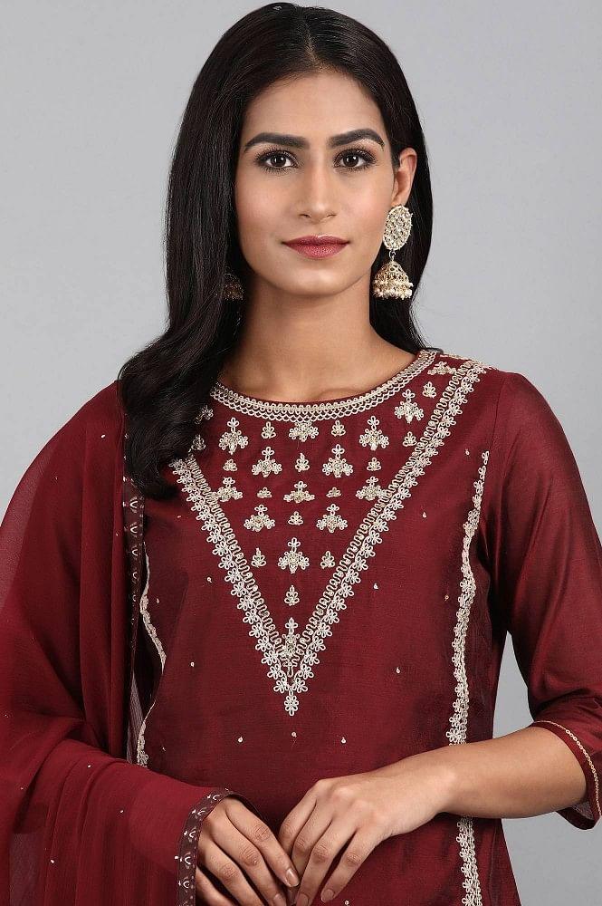 Maroon Round Neck kurta Set - wforwoman