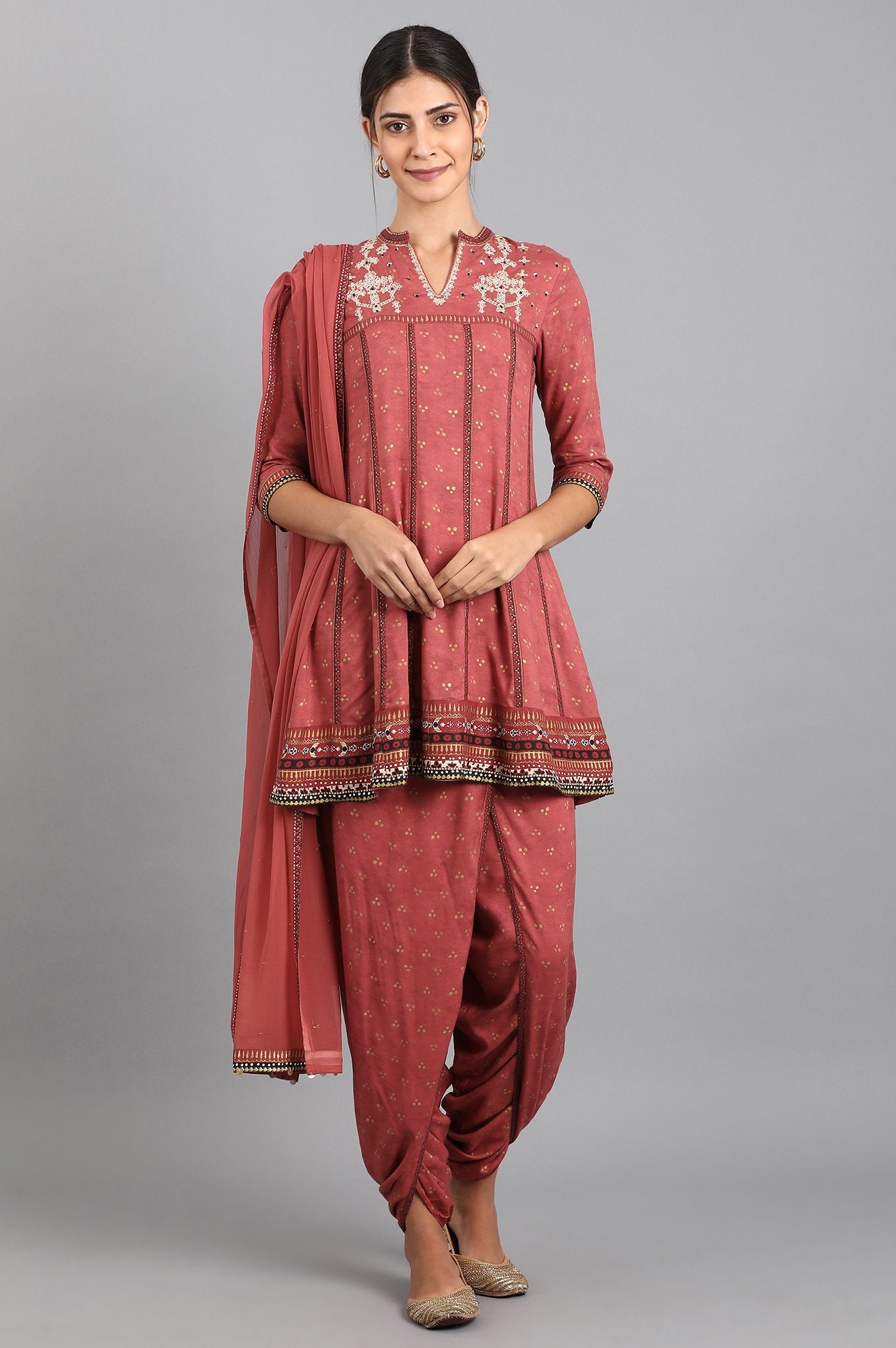 Orange Mandarin Neck Printed kurta Set