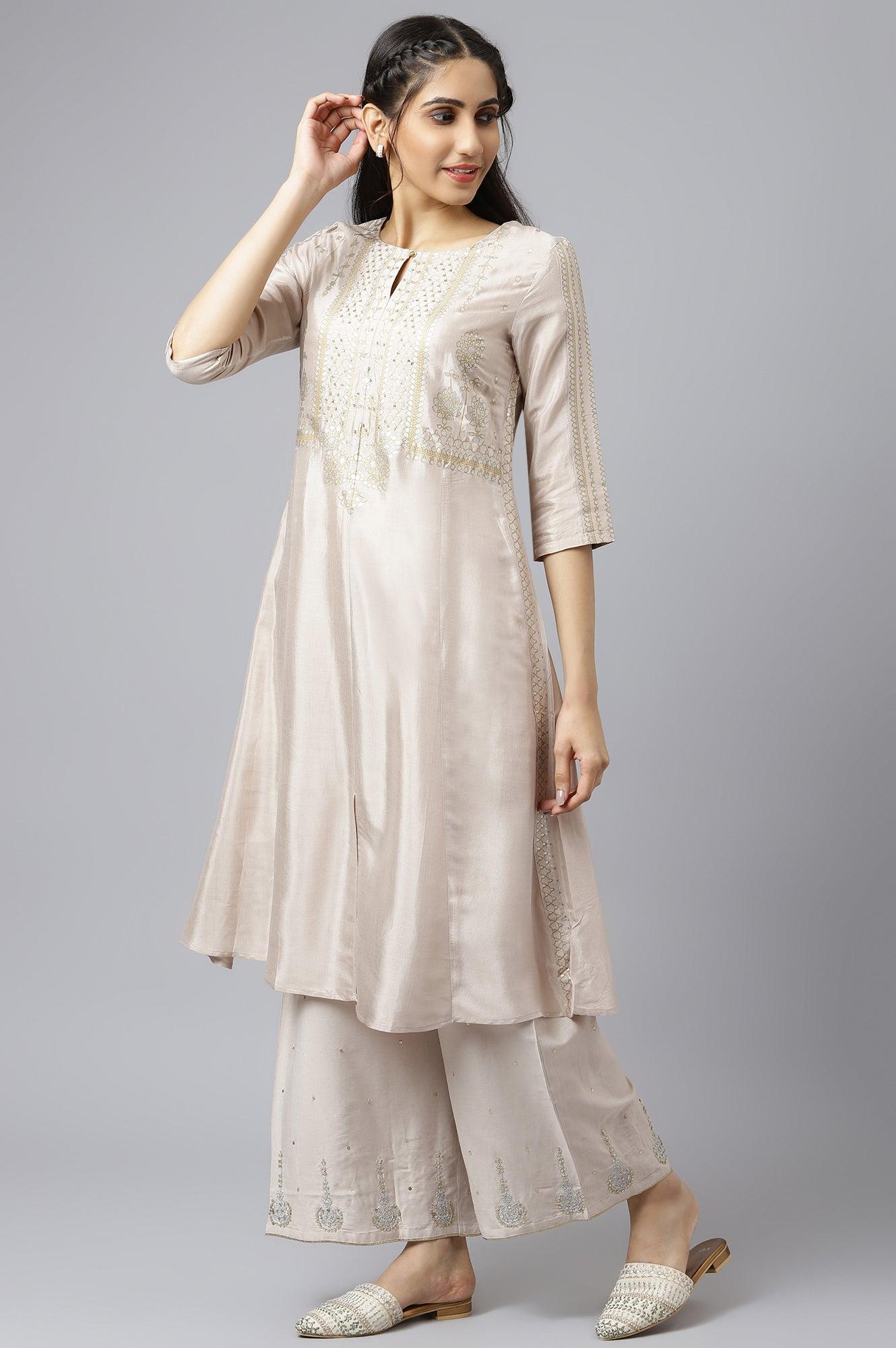 Beige Shantung Festive kurta Set - wforwoman