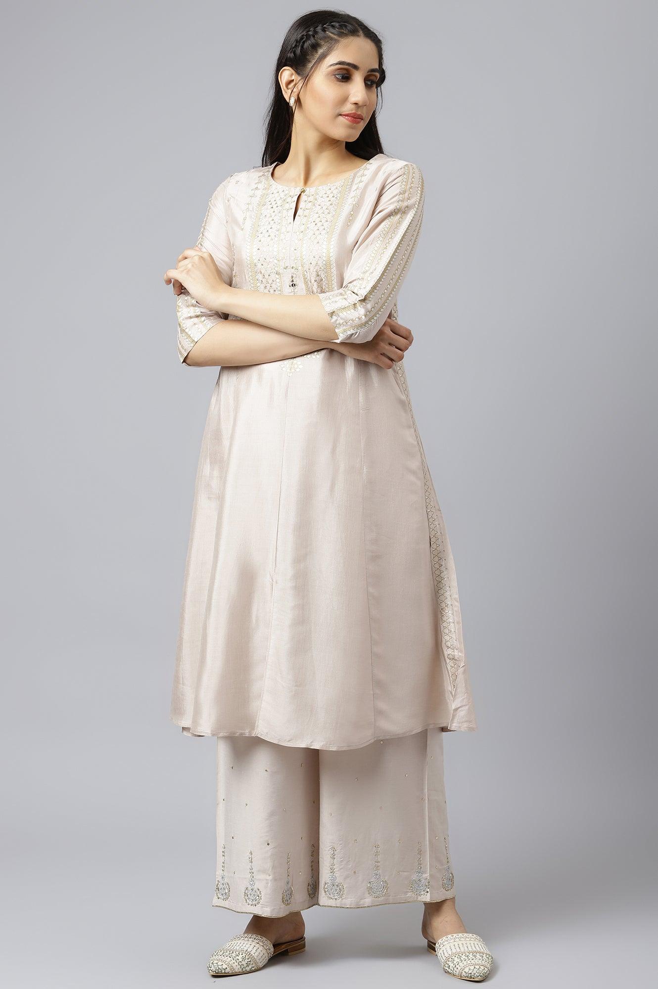 Beige Shantung Festive kurta Set - wforwoman