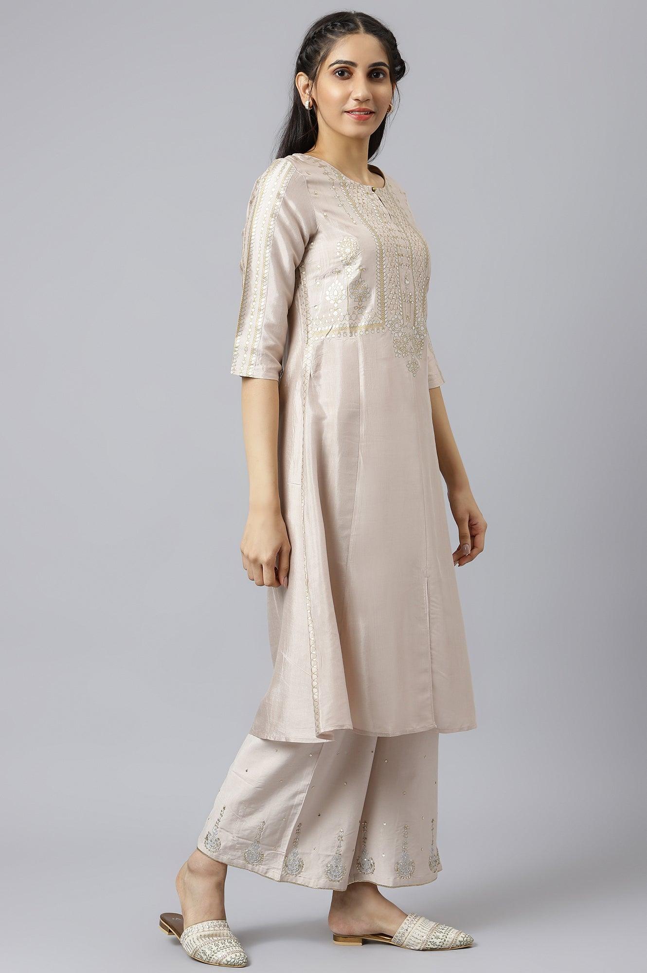 Beige Shantung Festive kurta Set - wforwoman