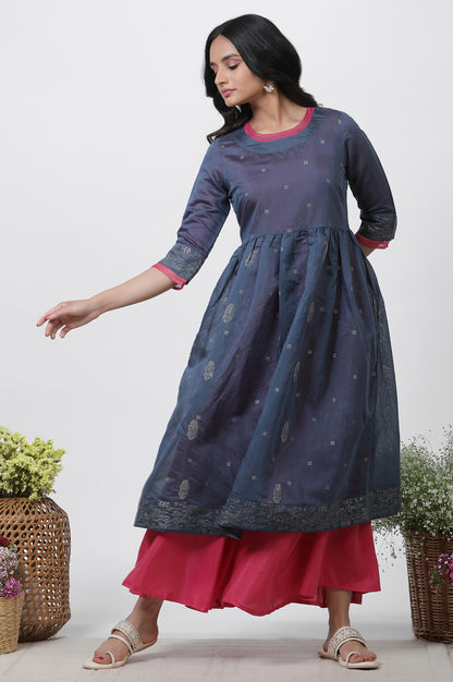 Blue Chanderi Flared Kurta And Culottes Set