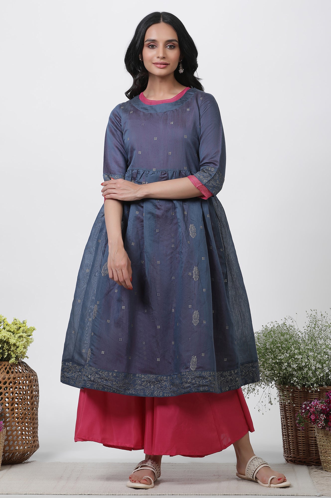 Blue Chanderi Flared Kurta And Culottes Set