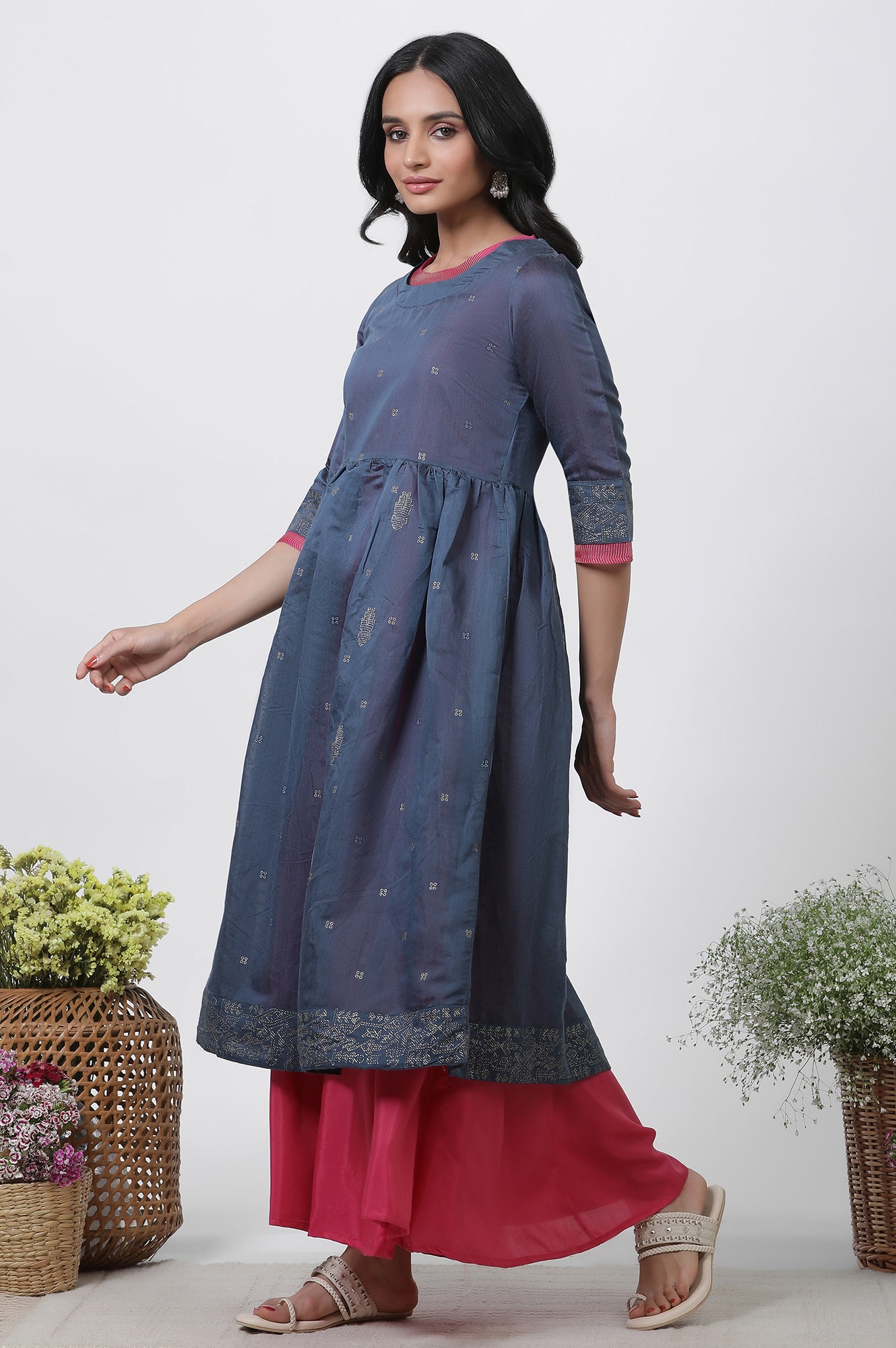 Blue Chanderi Flared Kurta And Culottes Set