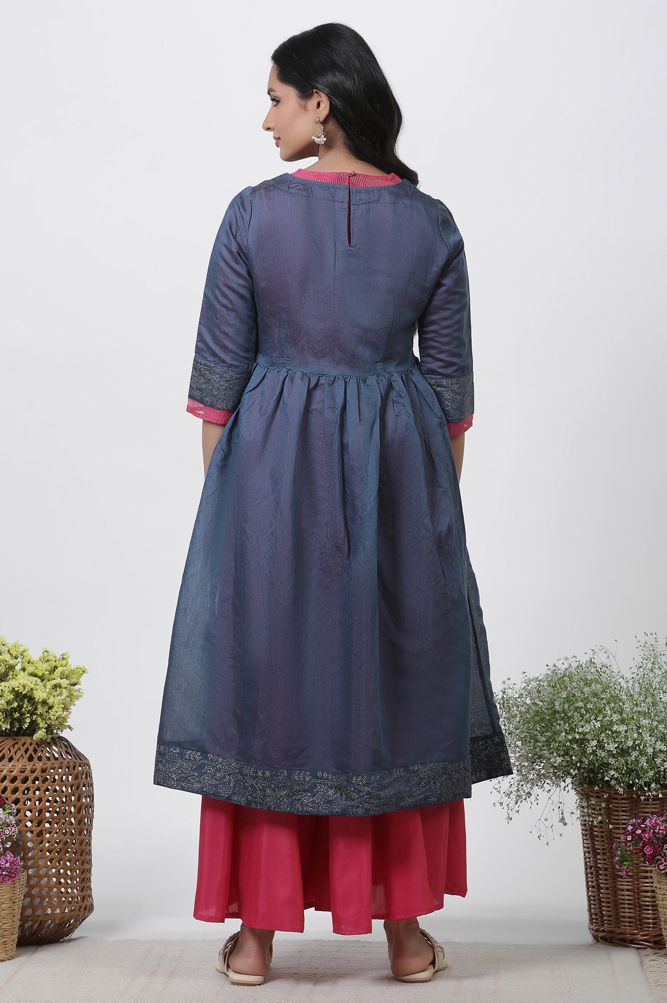 Blue Chanderi Flared Kurta And Culottes Set