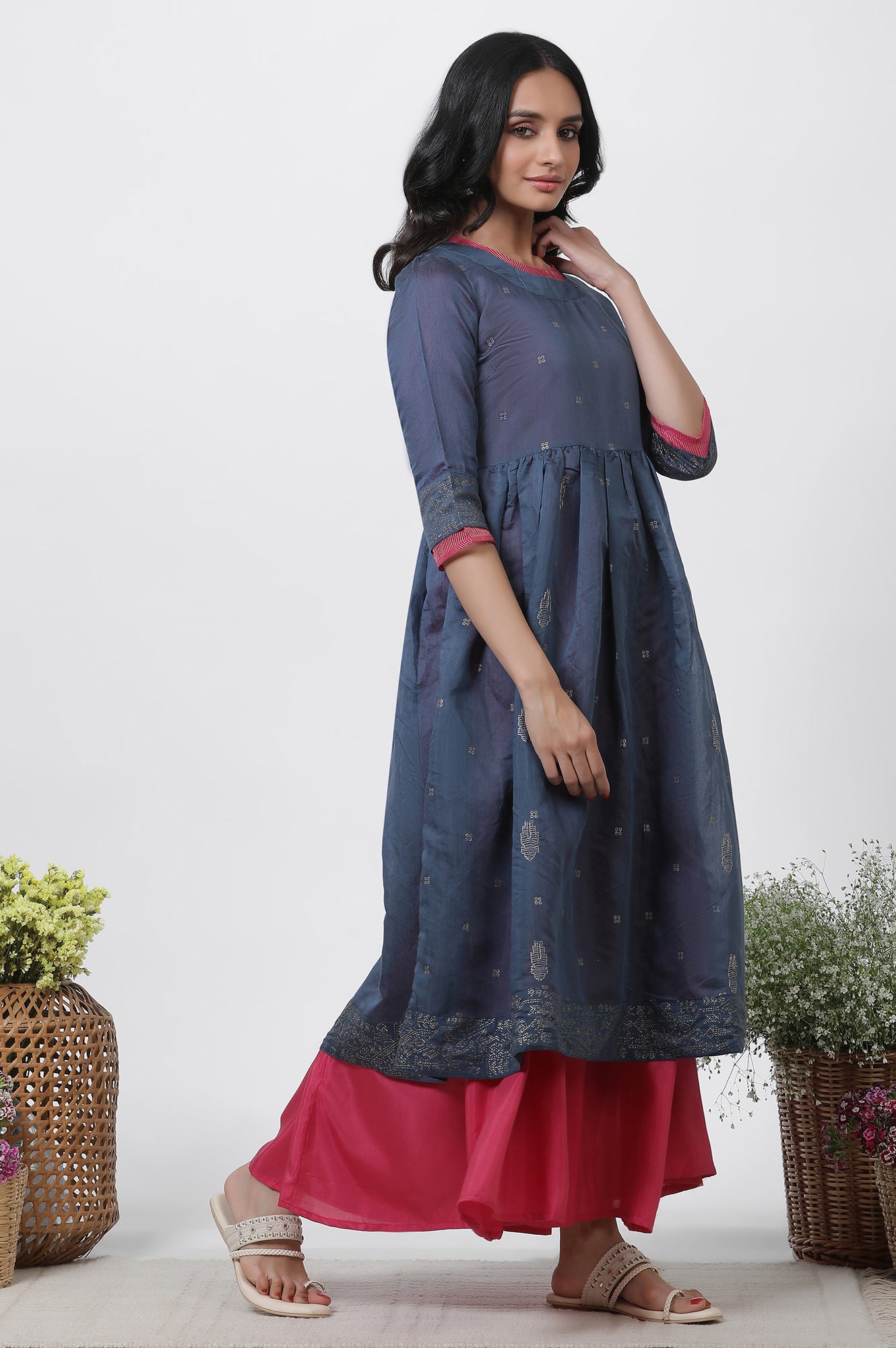 Blue Chanderi Flared Kurta And Culottes Set