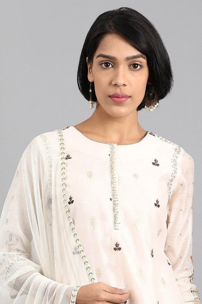 Ecru Round Neck Embellished kurta Set - wforwoman