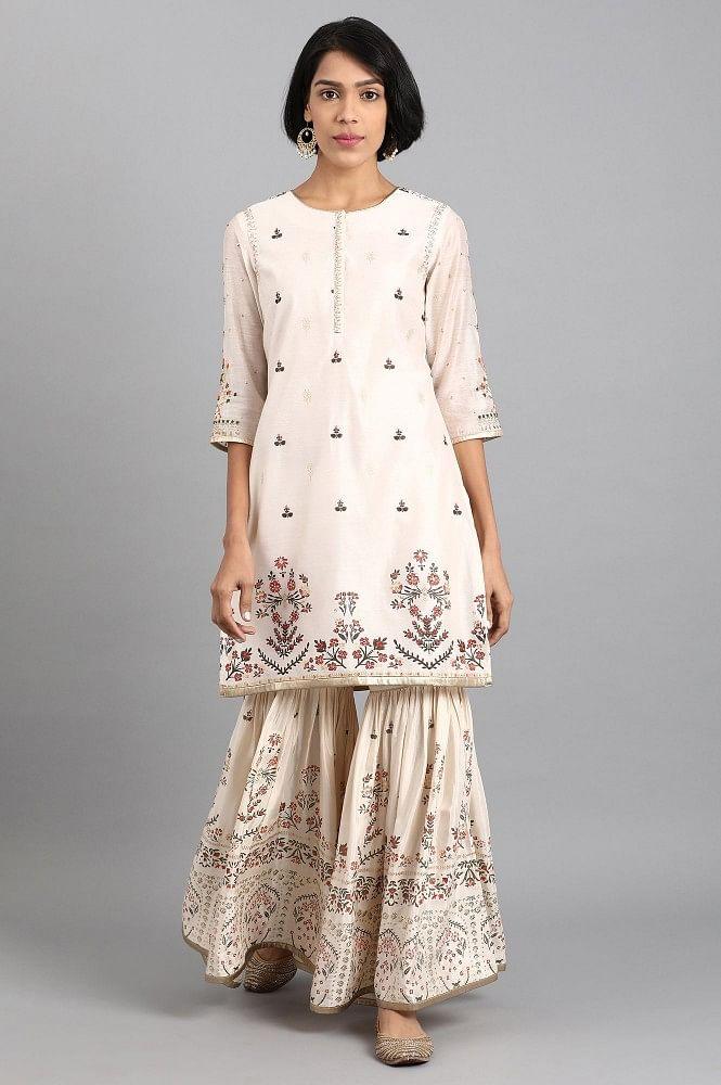 Ecru Round Neck Embellished kurta Set - wforwoman