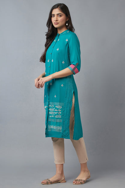 Teal Embroidered kurta Set