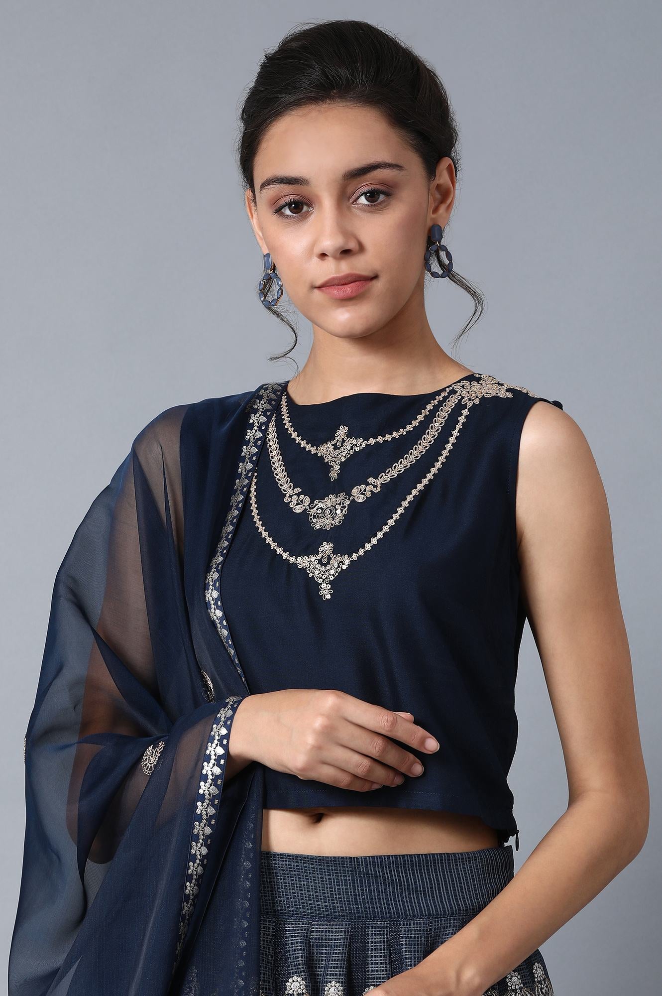 Blue Round Neck Embroidered Set