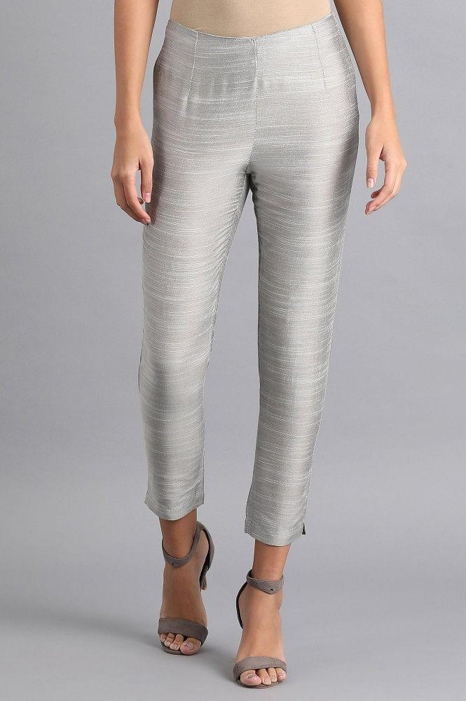 Silver Solid Trousers - wforwoman