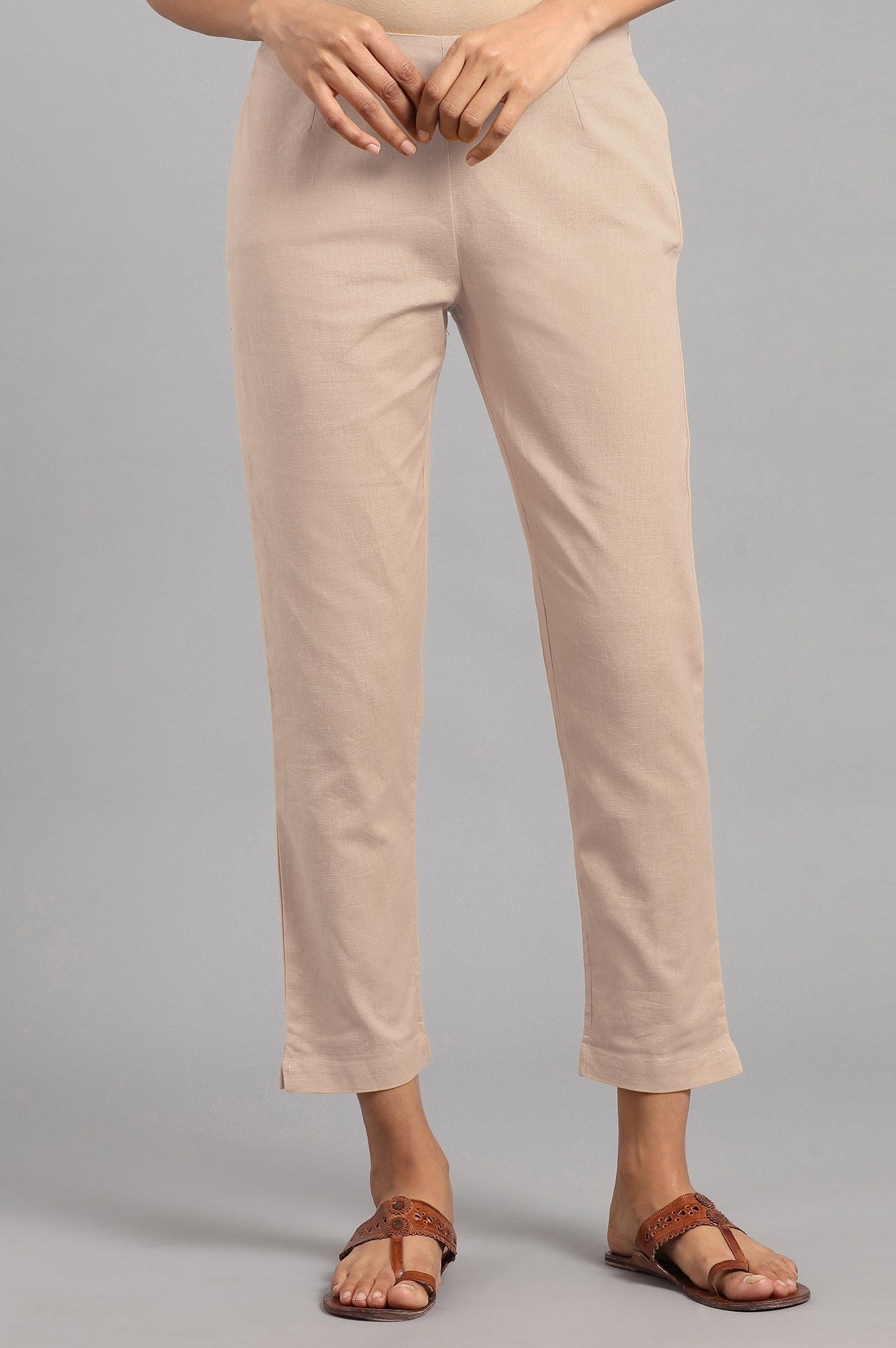 Beige Solid Trousers