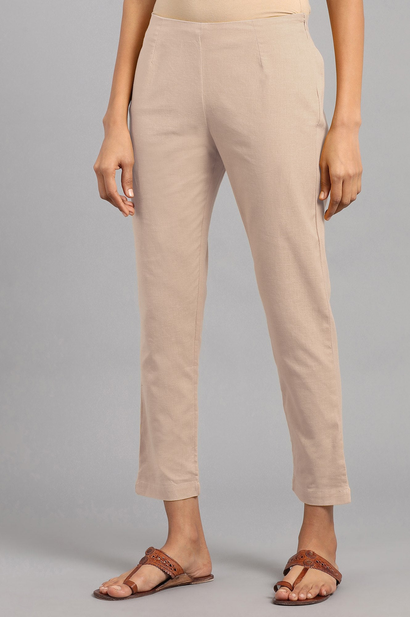 Beige Solid Trousers