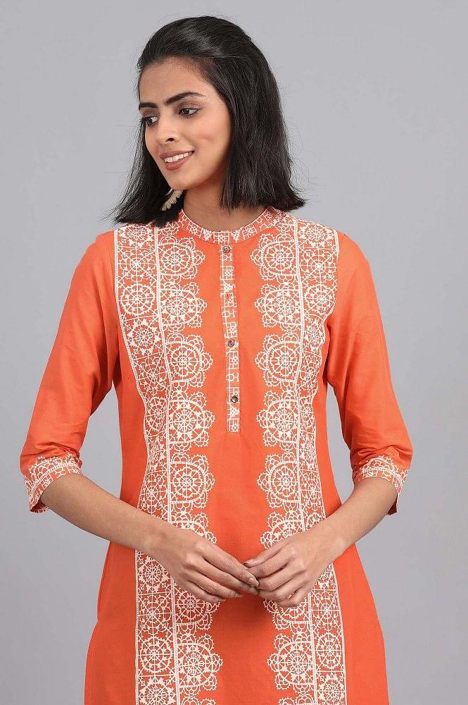 Orange Round Neck Printed kurta - wforwoman