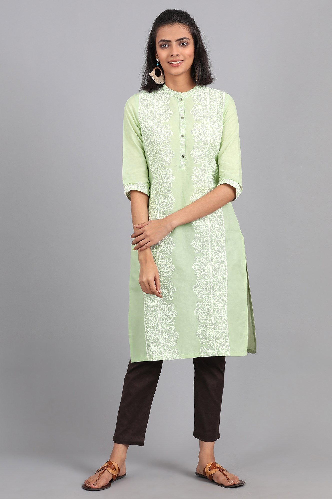 Green Round Neck Printed kurta