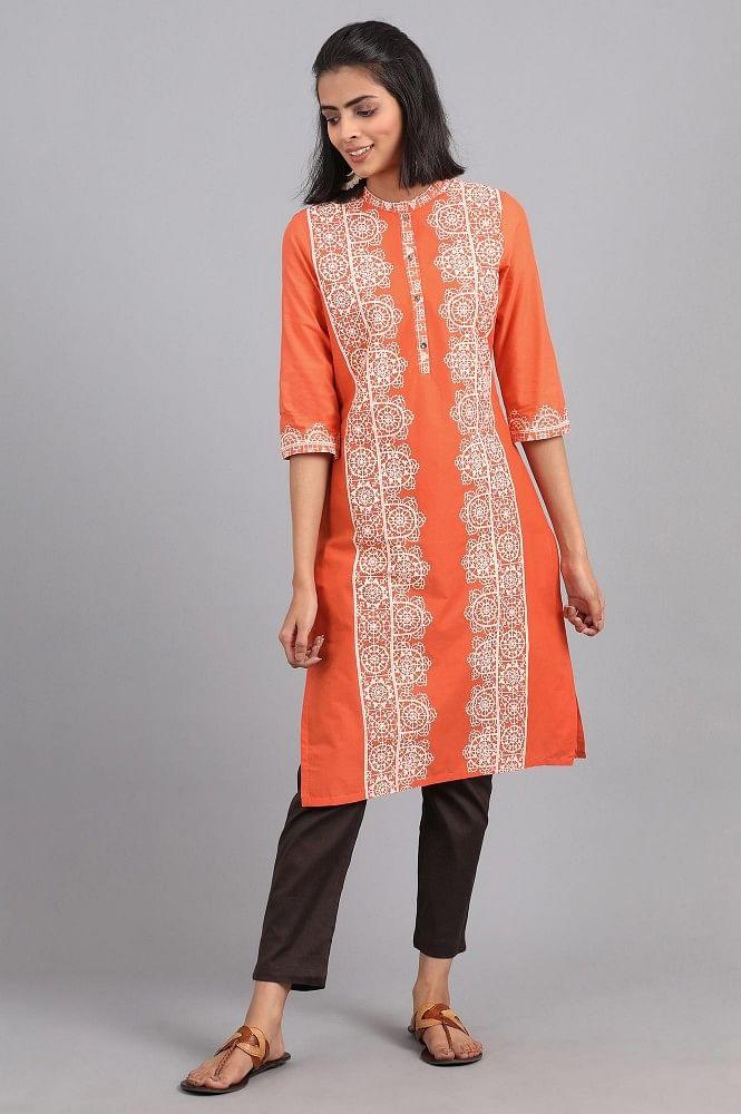 Orange Round Neck Printed kurta - wforwoman