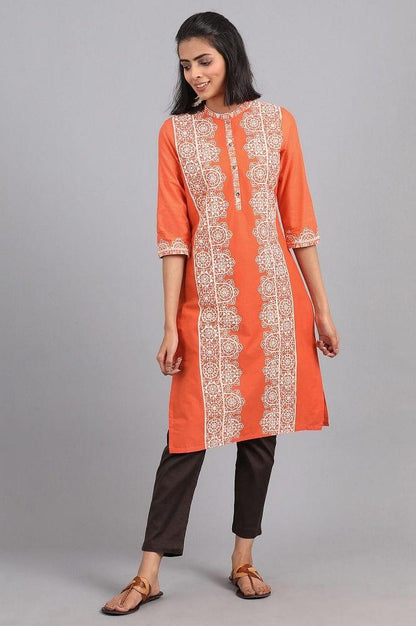 Orange Round Neck Printed kurta - wforwoman