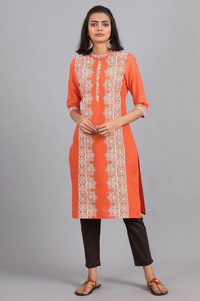 Orange Round Neck Printed kurta - wforwoman