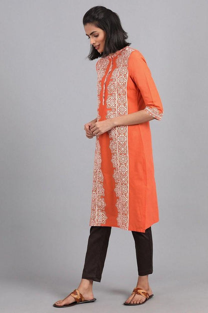 Orange Round Neck Printed kurta - wforwoman