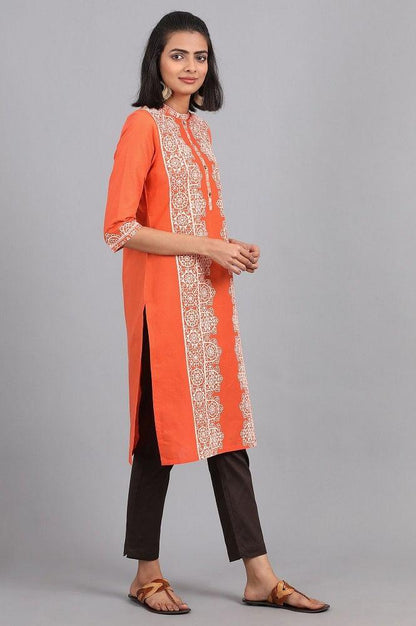 Orange Round Neck Printed kurta - wforwoman