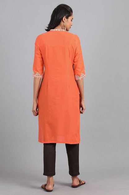 Orange Round Neck Printed kurta - wforwoman