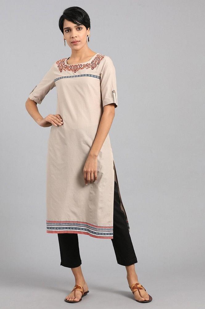 Beige Round Neck Printed kurta - wforwoman