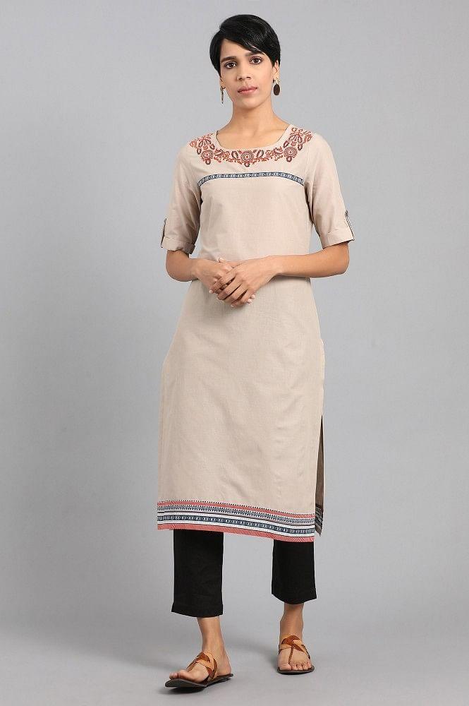 Beige Round Neck Printed kurta - wforwoman