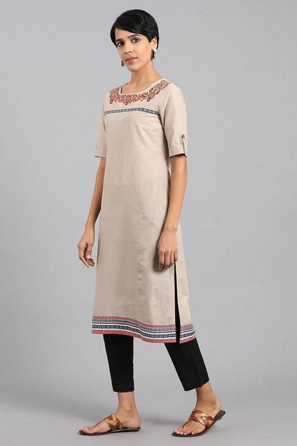 Beige Round Neck Printed kurta - wforwoman