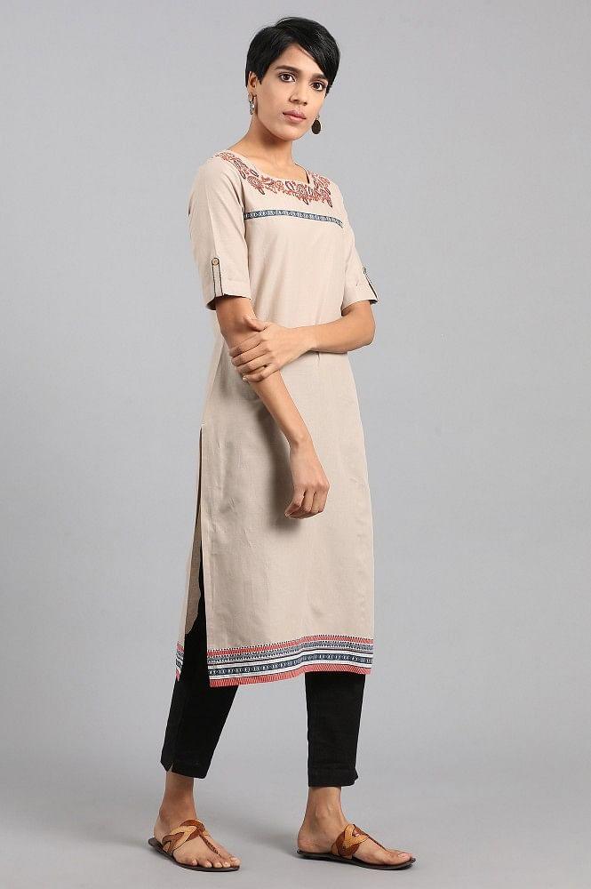 Beige Round Neck Printed kurta - wforwoman