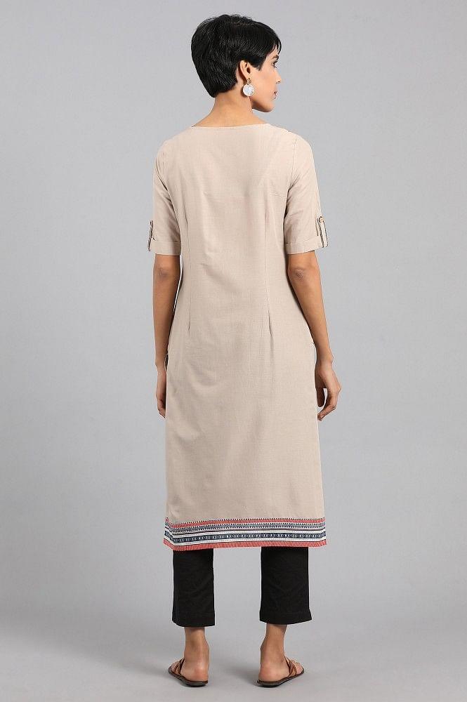 Beige Round Neck Printed kurta - wforwoman