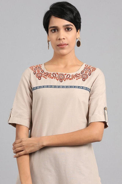 Beige Round Neck Printed kurta - wforwoman