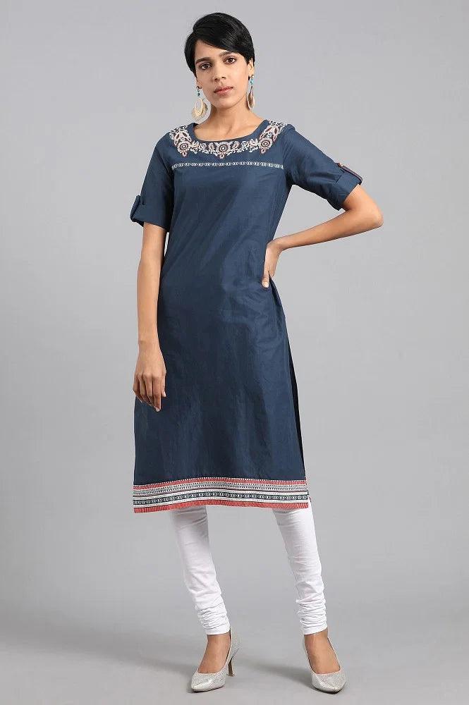 Navy Blue Round Neck Printed kurta - wforwoman