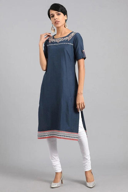 Navy Blue Round Neck Printed kurta - wforwoman