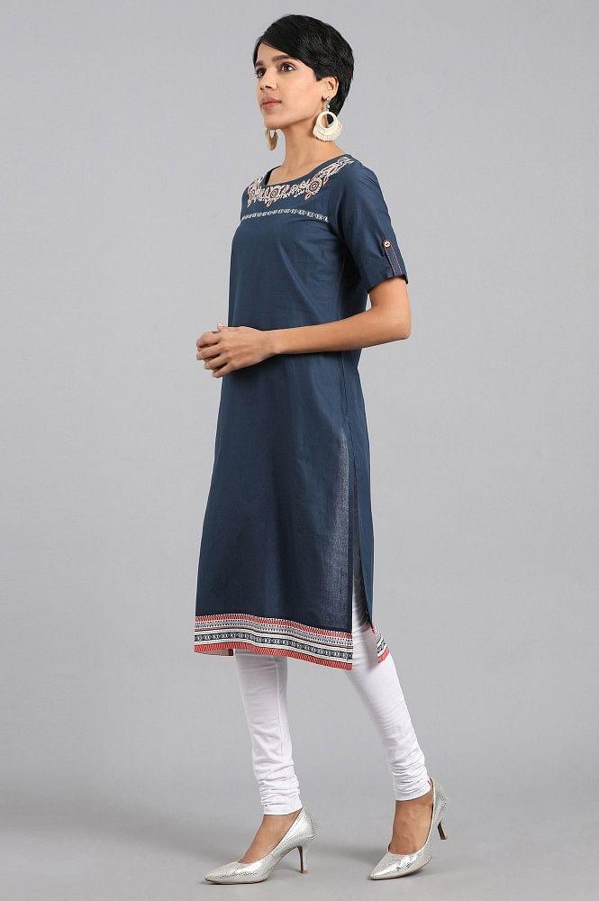 Navy Blue Round Neck Printed kurta - wforwoman