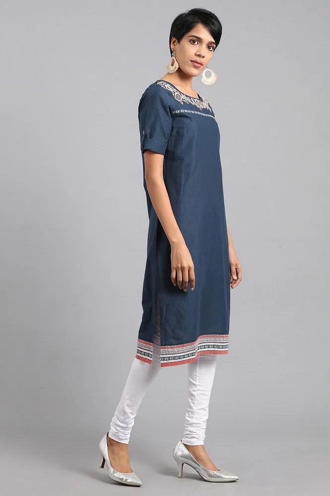 Navy Blue Round Neck Printed kurta - wforwoman