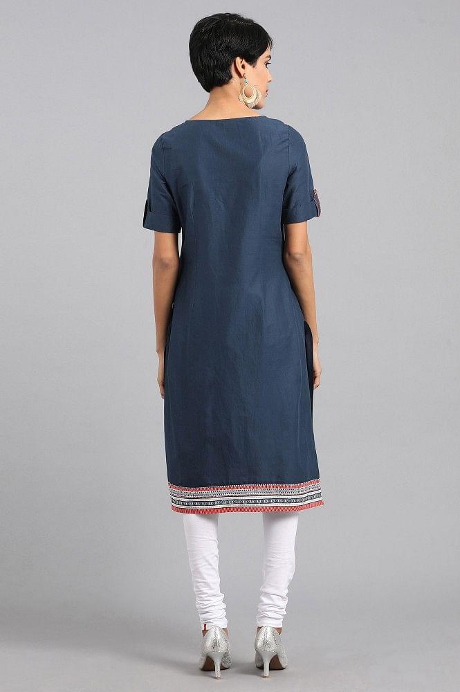 Navy Blue Round Neck Printed kurta - wforwoman