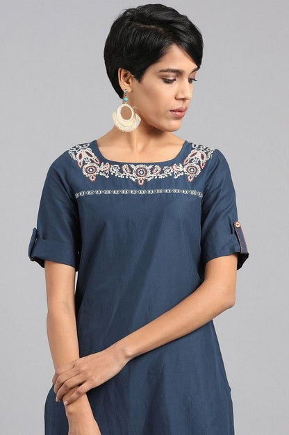 Navy Blue Round Neck Printed kurta - wforwoman