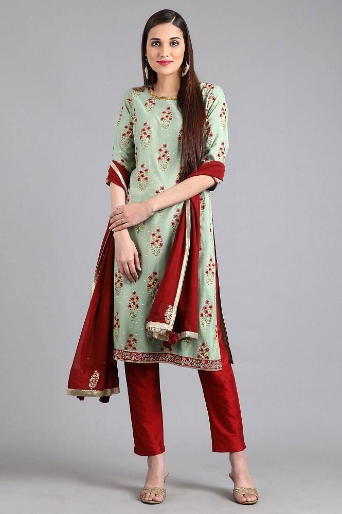 Green Round Neck Printed kurta - wforwoman