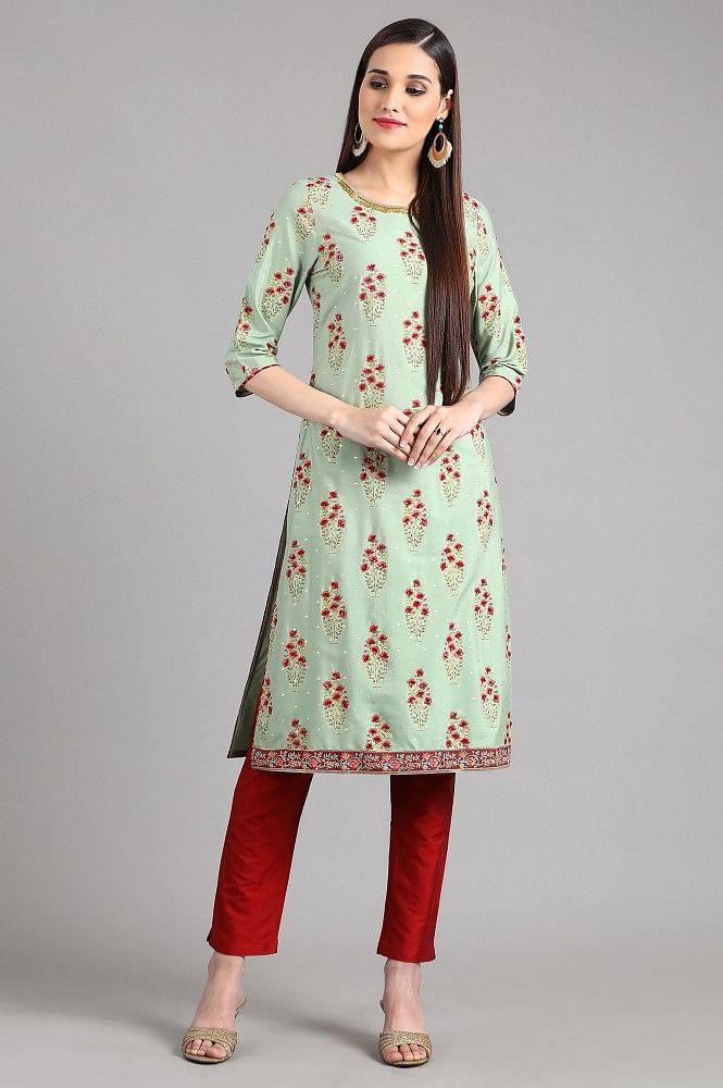 Green Round Neck Printed kurta - wforwoman