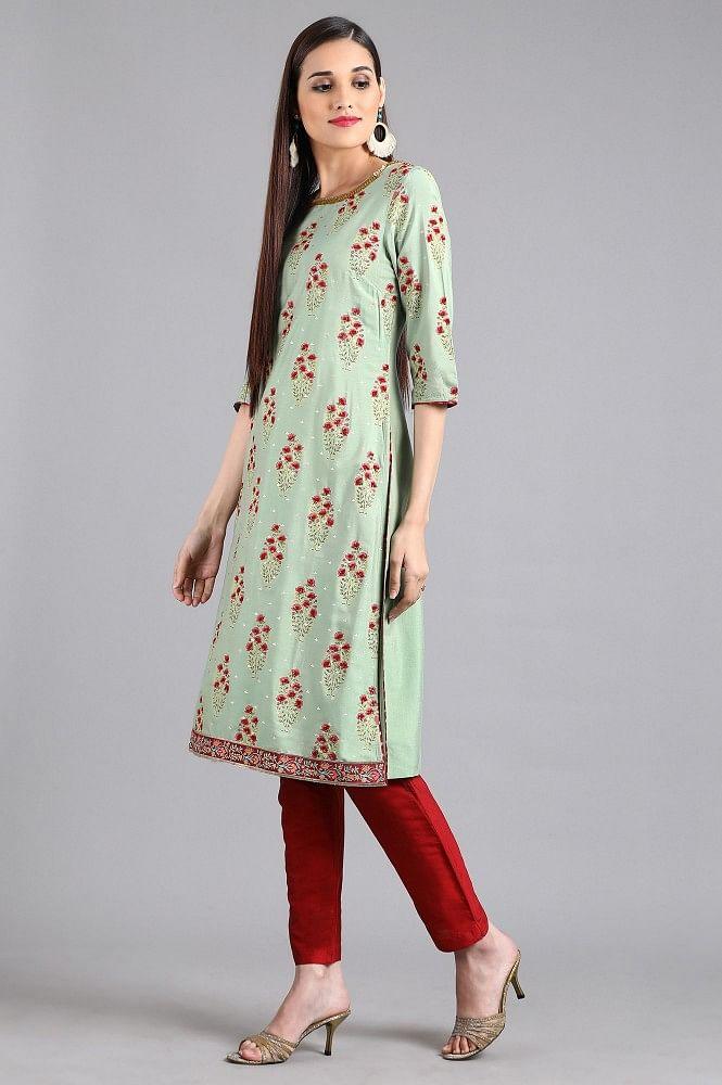 Green Round Neck Printed kurta - wforwoman