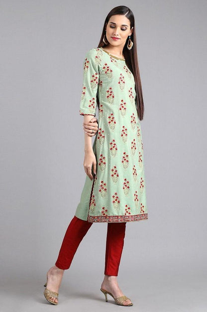 Green Round Neck Printed kurta - wforwoman