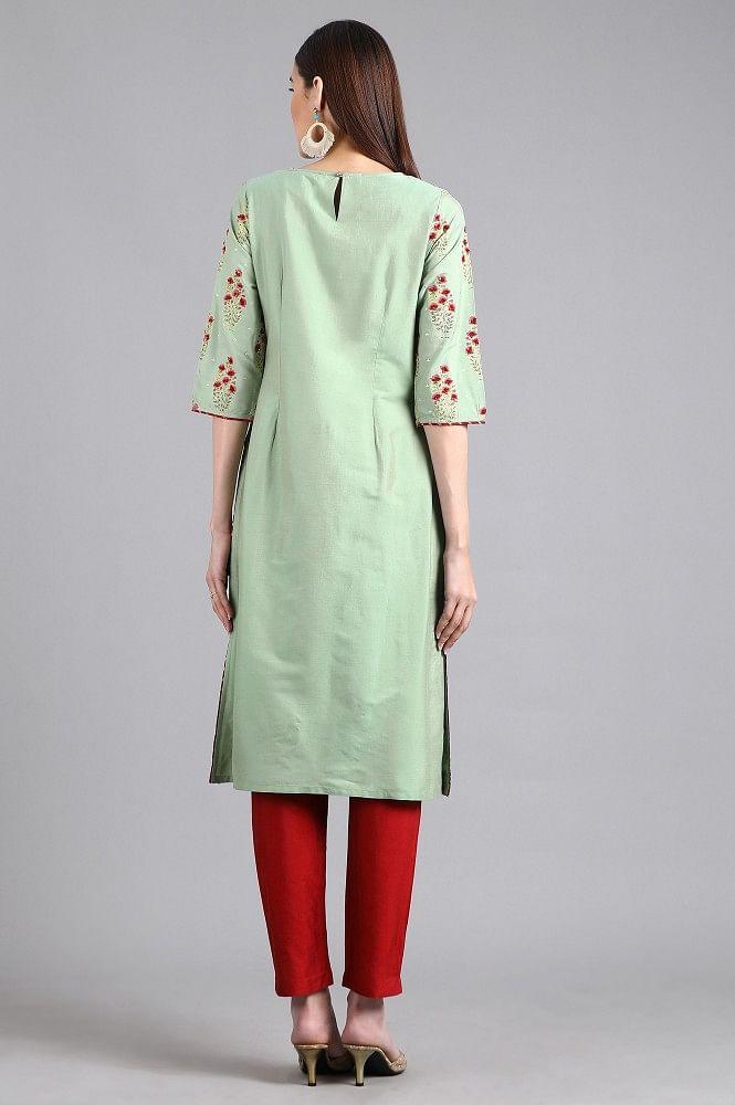 Green Round Neck Printed kurta - wforwoman