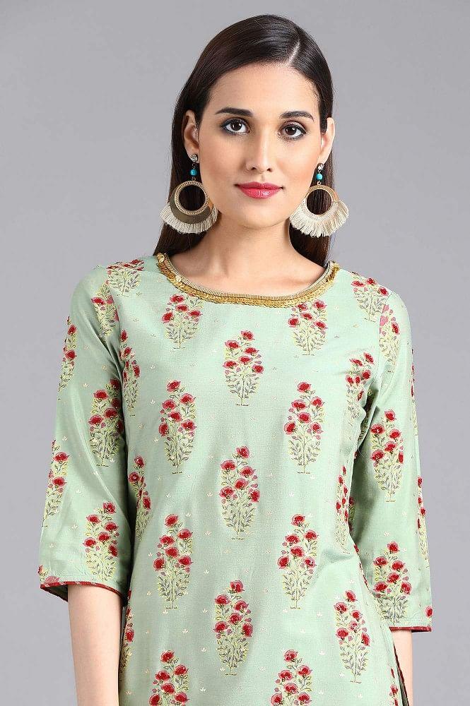 Green Round Neck Printed kurta - wforwoman